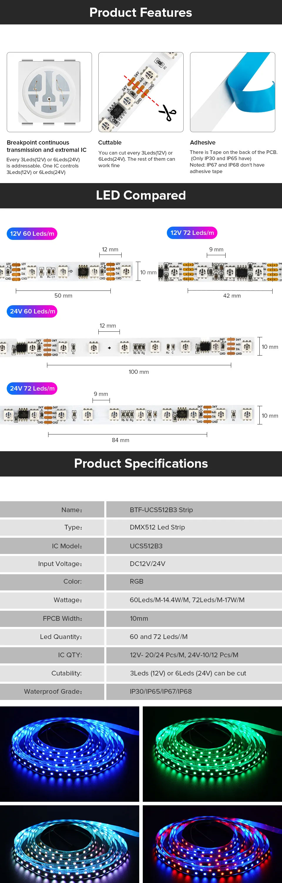 12V 24V UCS512B3 DMX512 Programmable Addressable RGB Pixe DMX l Led Strip